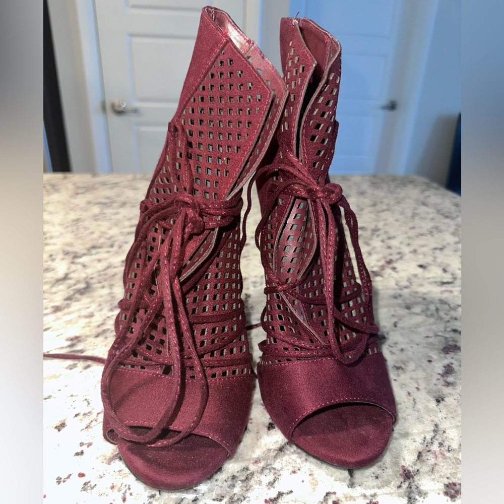 Burgundy Open Toe Booties